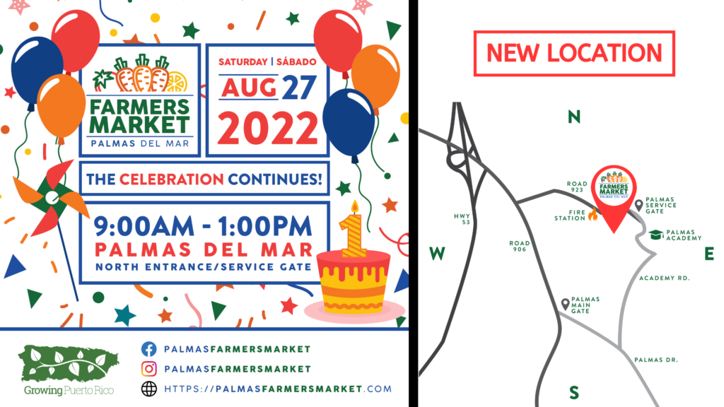 Palmas Farmers Market Birthday Celebration and new Location 2022 August 27 header with map