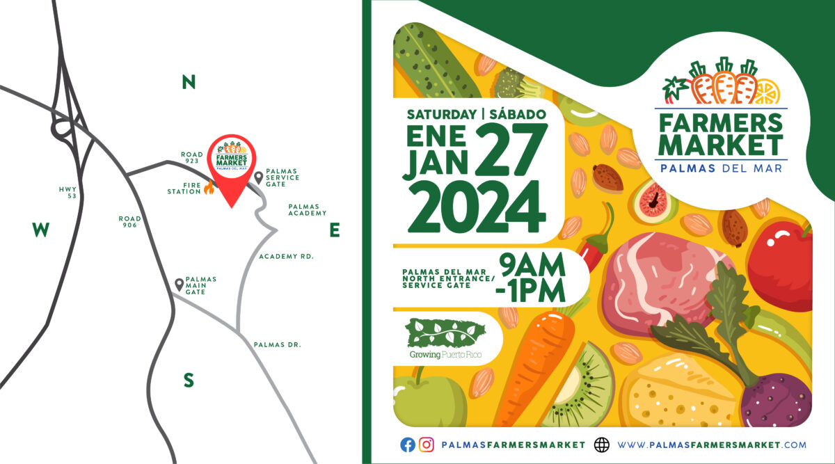 Palmas Farmers Market 2024 January 27 banner with map