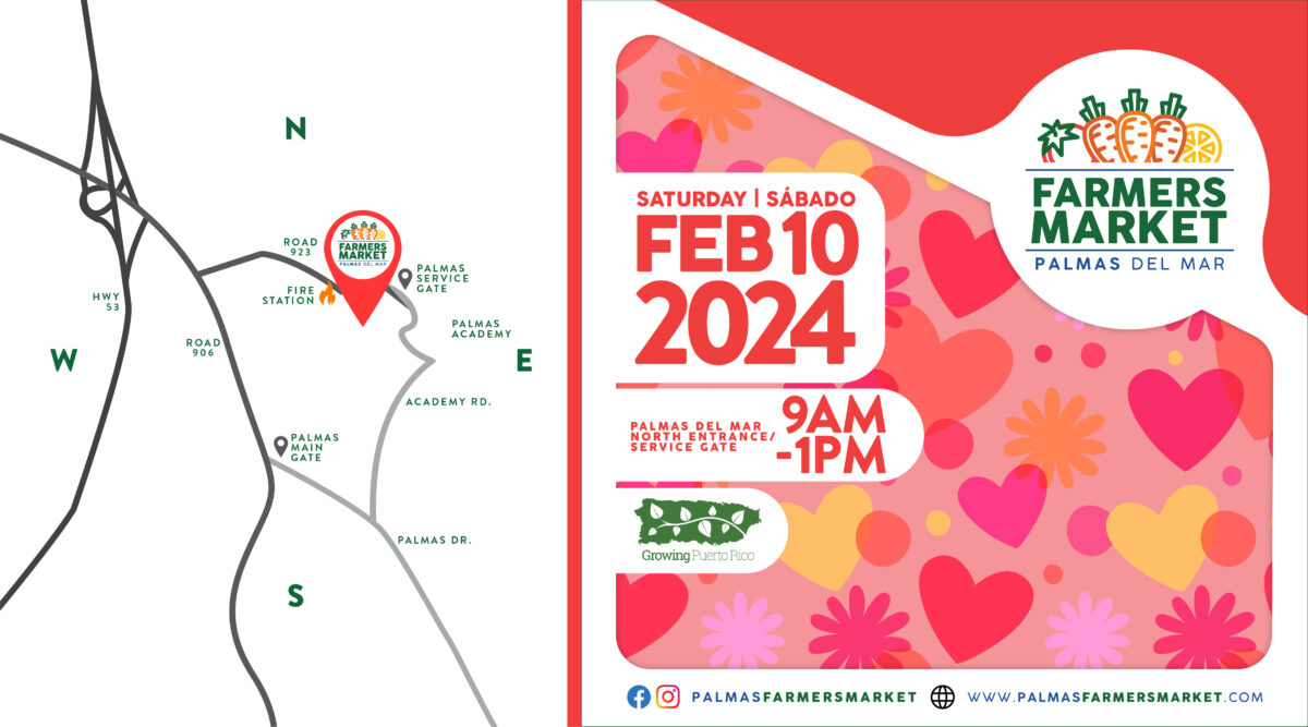Palmas Farmers Market 2024 February 10 banner with map