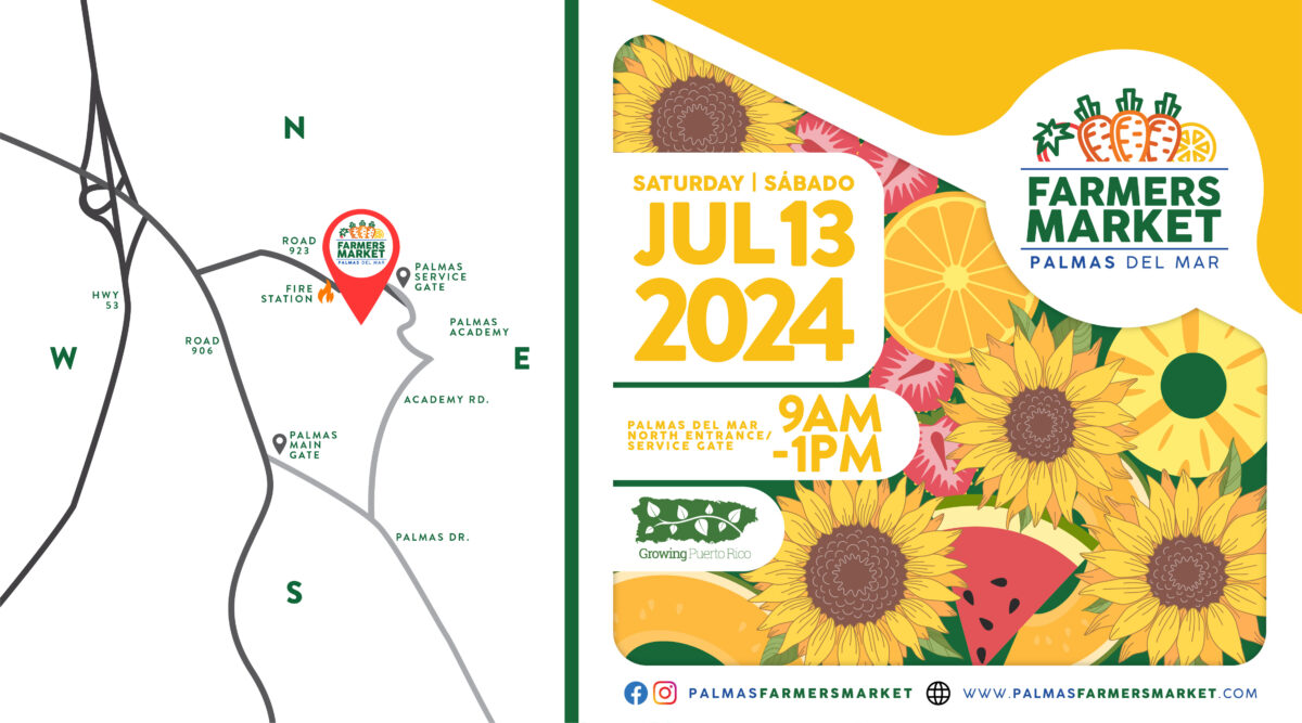 Palmas Farmers Market 2024 July 13 banner with map