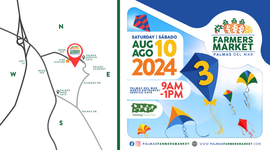 Palmas Farmers Market 2024 August 10 birthday celebration image with map