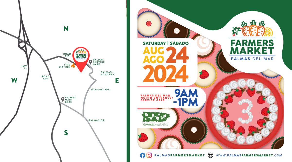 Palmas Farmers Market 2024 August 24 birthday celebration banner with map