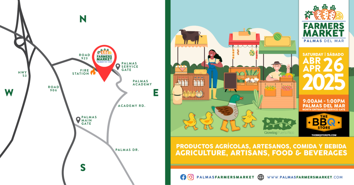 Palmas Farmers Market 2025 April 26 BBQ Store promo with Map
