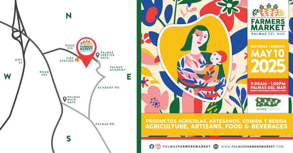 Palmas Farmers Market 2025 May 10 Mother's Day promotion with map