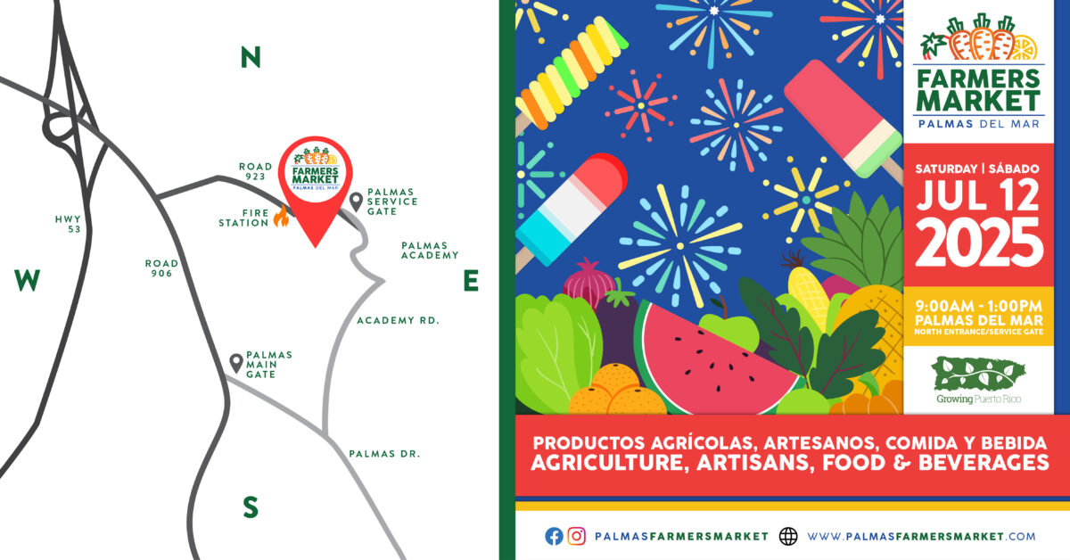 Palmas Farmers Market 2025 July 12 promotion graphic with map