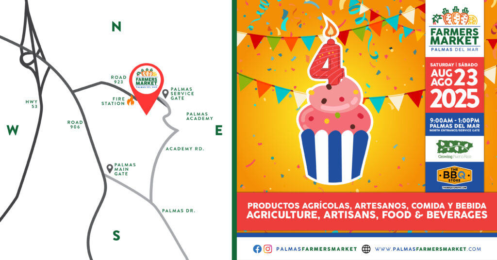 Palmas Farmers Market 2025 August 23 promo banner with map