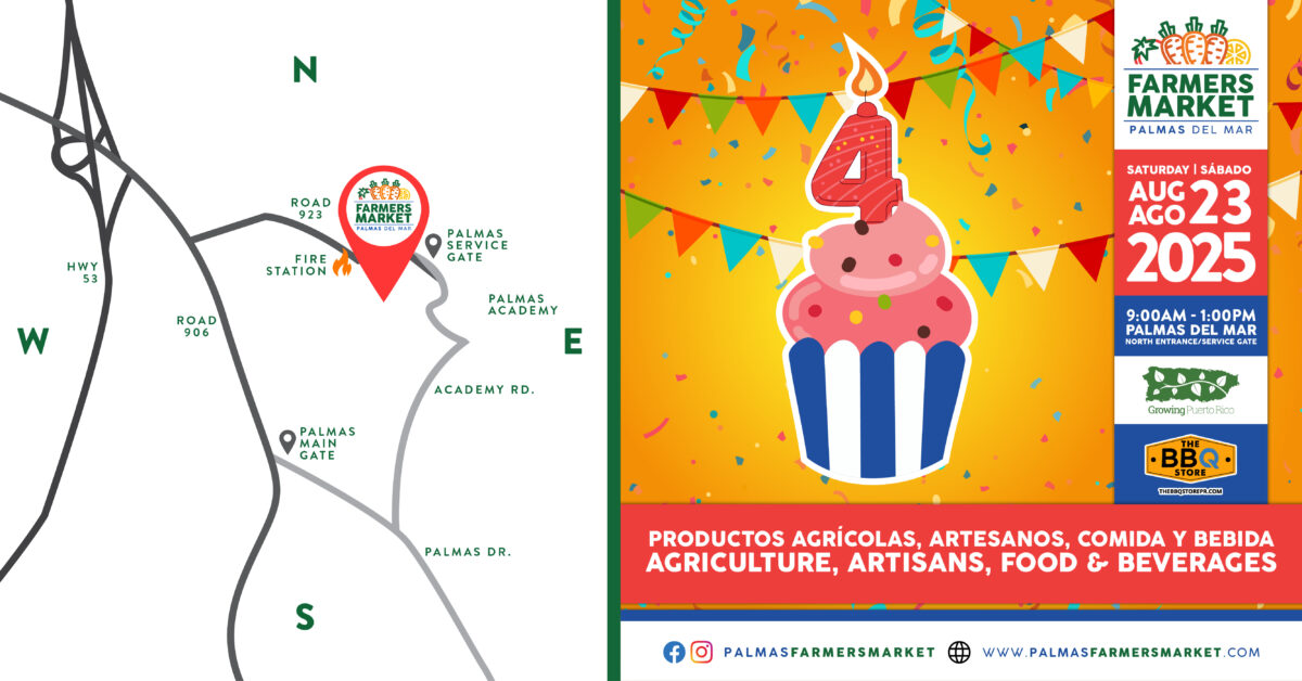 Palmas Farmers Market 2025 August 23 promo banner with map