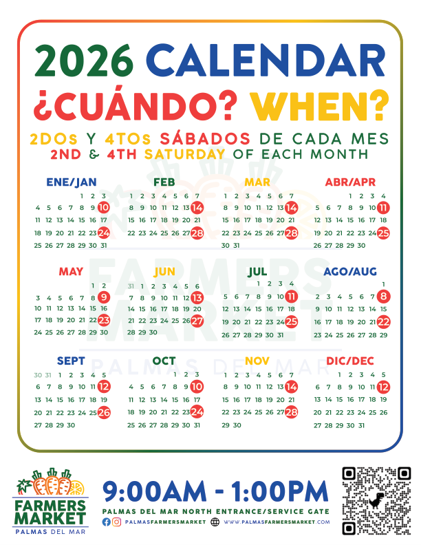 Palmas Farmers Market 2026 Calendar with QR code