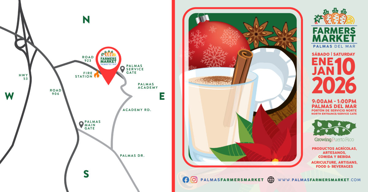 Palmas Farmers Market 2026 January 10 enero promo with map
