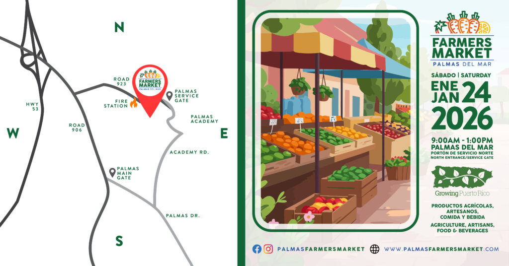 Palmas Farmers Marlet 2026 January 24 enero promotion with map