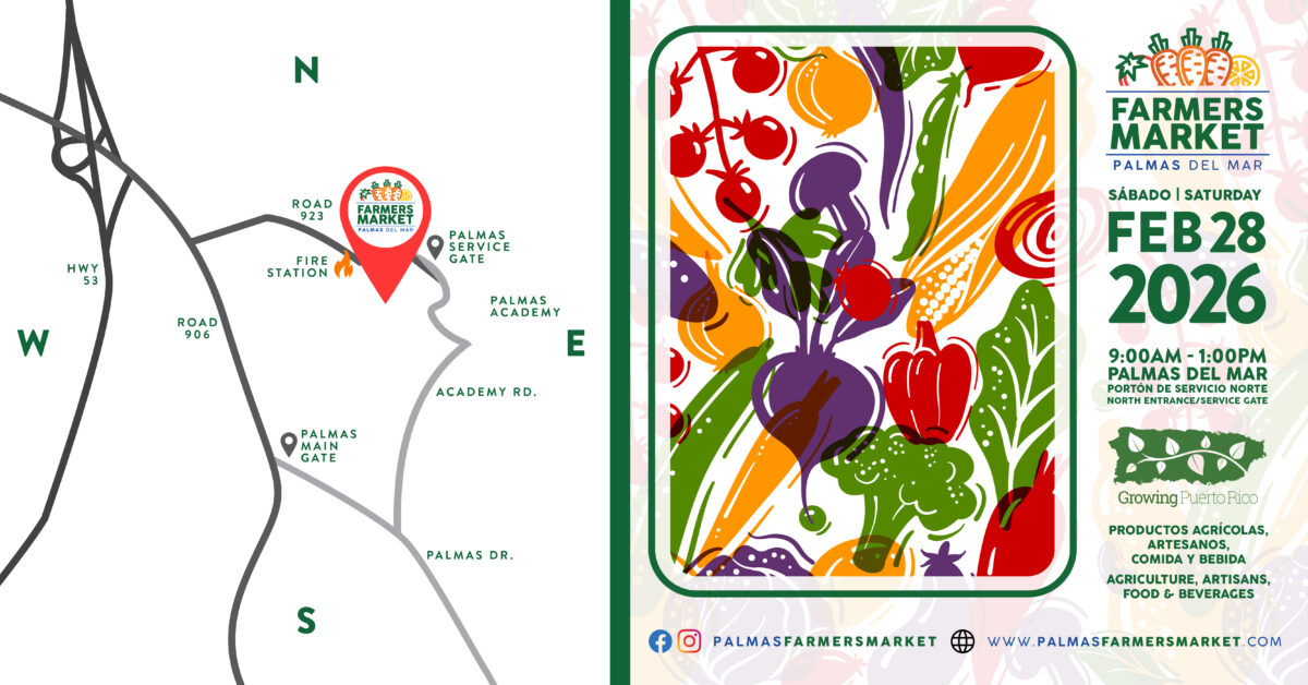 Palmas Farmers Market 2026 February 28 promo banner with map