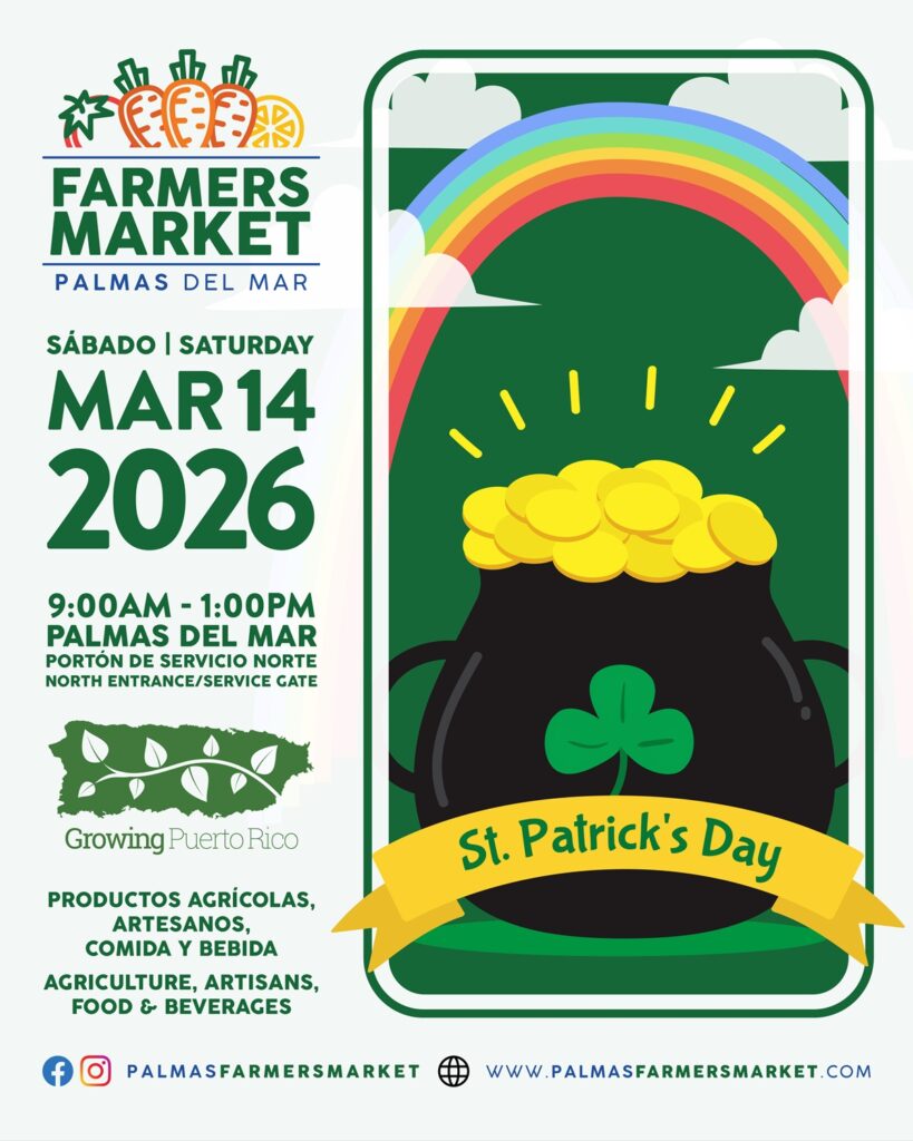 Palmas Farmers Market 2026 March 14 promotion graphic St Patrick's Day