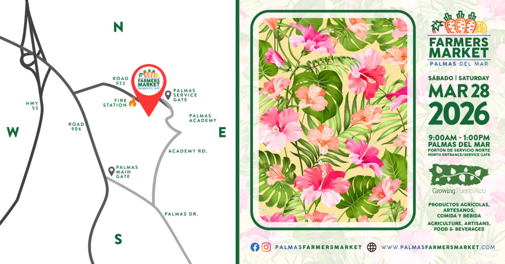 Palmas Farmers Market 2026 March 28 promotion graphic with map