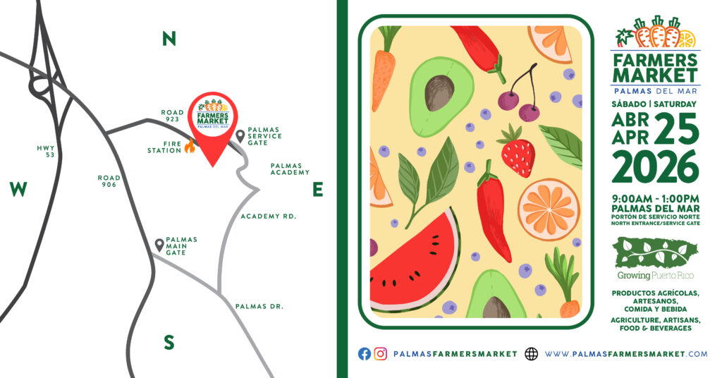 2026 April 25 Palmas Farmers Market promo banner with map