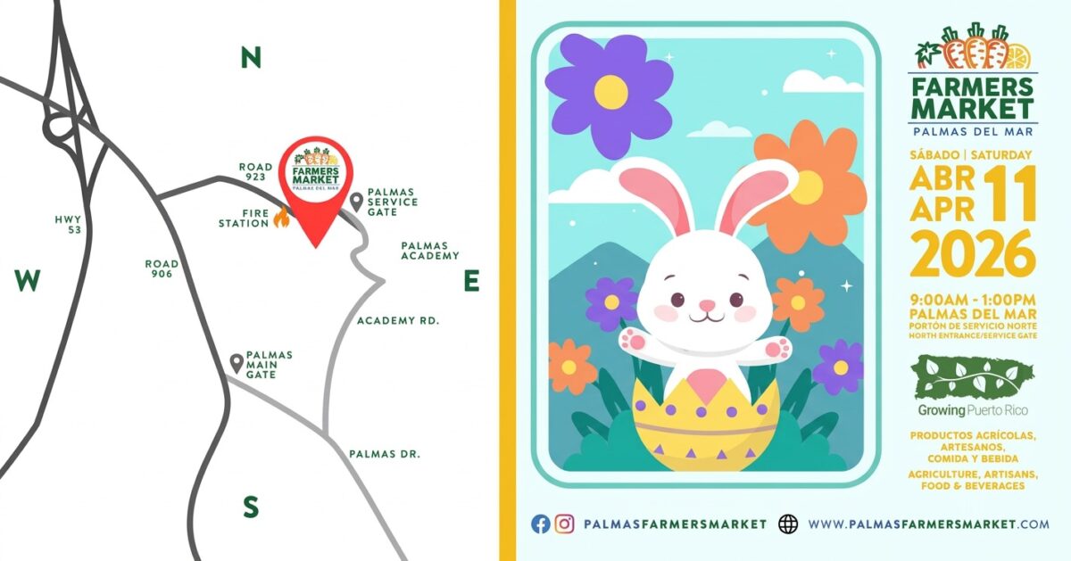 Palmas Farmers Market 2026 April 11 promo banner with map