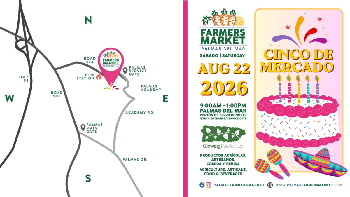 Palmas Farmers Market 2026 August 22 Cinco de Mercado banner with map