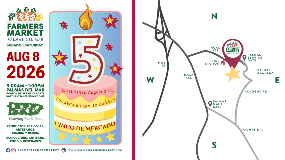 2026 August 8 Palmas Farmers Market Cinco de Mercado graphic with map